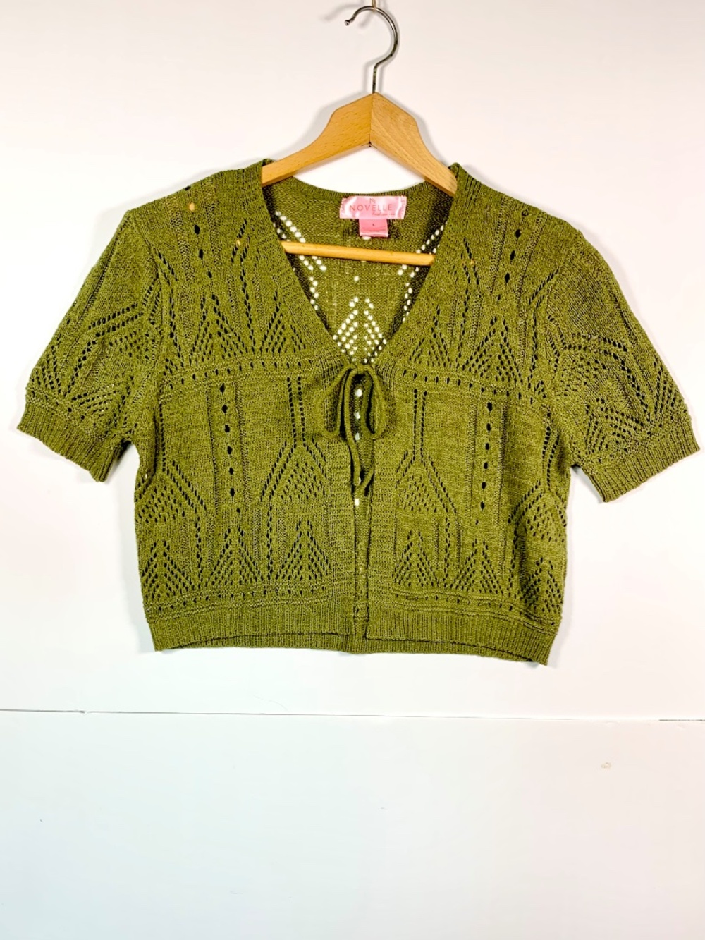 Novelle Fashion Inc Olive Green Crochet Knit Shrug Tie Front Sweater Blouse Boho